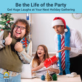 Alternative Product Image: Three people reacting to a gift wrapped in "Computer Antifreeze" prank box at a holiday party.