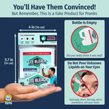 Alternative Product Image: Infographic detailing the "Eye Bleach" prank product dimensions, empty bottle, and warning against real use.