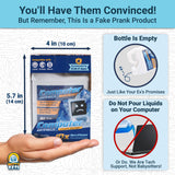 Alternative Product Image: Dimensions of the "Computer Antifreeze" prank bottle and box, text warning against pouring it on computers.