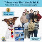 Alternative Product Image: Dog with glasses and tie next to "Computer Antifreeze" prank box, text about IT guys hating it.