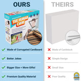 Alternative Product Image: Comparison of "Our" "Human Cone" prank box (corrugated cardboard, better jokes, bigger, premium) versus "Theirs" (cardstock, simple design, small, poor quality).