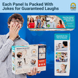 Alternative Product Image: Man laughing while holding a "Human Cone" prank box with jokes on each panel and adaptable situations depicted.