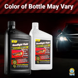 Alternative Product Image: Black and white bottles of "Headlight Fluid" prank product next to a car with headlights on.