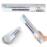 Main Product Image: Three views of a white mailing tube labeled "BulkCondomDelivery.com More Rubber for Your Chubber".