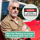 Alternative Product Image: Man with sunglasses leaning against a red car with a "WARNING IF YOU WANT TO KEEP YOUR FINGERS, DON'T TOUCH MY CAR" sticker. Text: "Give Fair Warning to Anyone Who Comes Near Your Car".