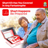 Alternative Product Image: "Shart Kit" survival kit open with wipes and supplies; concerned older woman and an older man looking uncomfortable in the background.