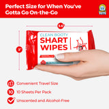 Alternative Product Image: Hand holding a pack of "Shart Wipes" showing dimensions (5.6 x 3 inches) and features: travel size, 10 sheets, unscented, alcohol-free.