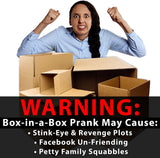 Alternative Product Image: Woman looking frustrated above a pile of open cardboard boxes with a warning about prank effects.