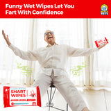 Alternative Product Image: Older person laughing with arms outstretched, "Shart Wipes" in hand, with cartoonish gas clouds.