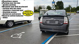 Alternative Product Image: Gray car poorly parked in a disabled parking spot, with a "You Parked Like a Moron" card noting parking over the line, no placard, and general selfish behavior.