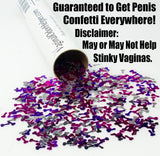Alternative Product Image: Confetti shaped like penises spilling from a tube labeled "VaginalOdorHelper.com".