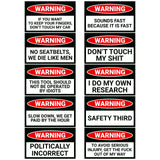Main Image for product: Variety Pack of 10 Warning Prank Stickers. Features humorous warning messages.