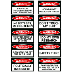 Main Image for product: Variety Pack of 10 Warning Prank Stickers. Features humorous warning messages.