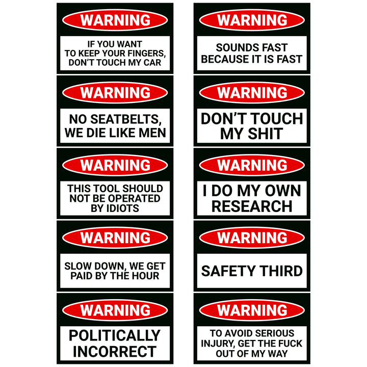 Main Image for product: Variety Pack of 10 Warning Prank Stickers. Features humorous warning messages.