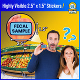 Alternative Product Image: Man and woman reacting with shock to a small "Fecal Sample" sticker; larger sticker on an apple shows dimensions.
