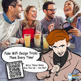 Alternative Product Image: Group of laughing friends at a table with a Rick Roll QR code sticker and cartoon singer.