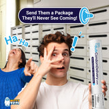 Alternative Product Image: Man looking shocked holding a "BulkCondomDelivery.com" tube in front of mailboxes, while a woman laughs.
