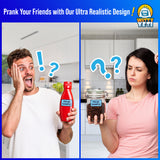 Alternative Product Image: Man reacting with disgust to a ketchup bottle labeled "Fecal Sample," woman looking confused at a jar similarly labeled.