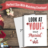 Main Product Image: "LOOK AT YOU! Getting All Married and sh*t" card with dimensions (5x7 inches) and matching envelope, wedding rings, and flowers.