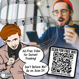 Alternative Product Image: Cartoon figure singing with a "Scan For Free WiFi" QR code sticker and a surprised person on a phone.
