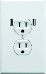 Main Product Image: Sticker of a white duplex electrical outlet with two USB ports.