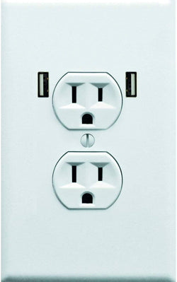 Main Product Image: Sticker of a white duplex electrical outlet with two USB ports.