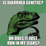 Other Image: Philosoraptor meme with the text "IS DIARRHEA GENETIC? OR DOES IT JUST RUN IN MY JEANS?".