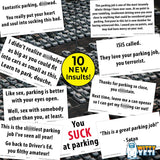 Alternative Product Image: Spread of "Bad Parking Cards" showing various humorous insults for bad parkers.