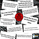  Alternative Product Image: Ten "Bad Parking Cards" with humorous insults about poor parking jobs, shown over a parking lot photo.
