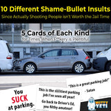 Alternative Product Image: "Bad Parking Cards" scattered over a photo of a silver car badly parked between two vans. Text: "10 Different Shame-Bullet Insults".