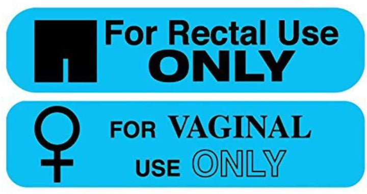 Main Product Image: Set of Prank Stickers - Rectal and Vaginal Use Only. Blue stickers with black text and symbols.