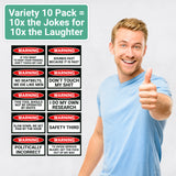 Alternative Product Image: Variety pack of 10 prank warning stickers shown next to a smiling man giving a thumbs-up. Text: "Variety 10 Pack = 10x the Jokes for 10x the Laughter".