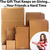 Alternative Product Image: Stack of nested cardboard boxes with text "The Gift That Keeps on Giving... Your Friends a Hard Time" with a woman looking frustrated at a small gift.