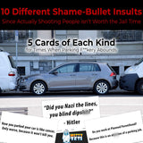 Alternative Product Image: "Bad Parking Cards" scattered over a photo of a silver car badly parked between two vans. Text: "10 Different Shame-Bullet Insults".