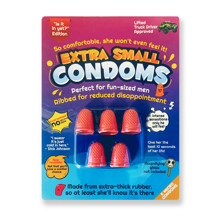 Main Product Image: Extra Small Condoms Gag Gift. Features tiny finger condoms and humorous text.