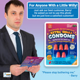 Alternative product image: Man in a suit holding the Extra Small Condoms gag gift and a card with humorous text.