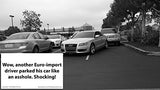 Alternative Product Image: Black and white photo of cars parked poorly with a card saying, "Wow, another Euro-import driver parked his car like an a**hole. Shocking!"