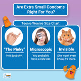 Alternative product image: Infographic size chart for 'Teeenie Weenie' condoms with humorous comparisons.