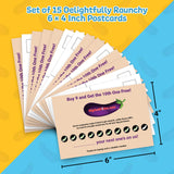 Main Product Image: Set of 15 "BigAssDildos.com" prank postcards, 6x4 inches, with a buy 9 get 1 free offer.