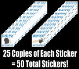 Alternative Product Image: Display of 50 "VOICE ACTIVATED" and "MOTION ACTIVATED" prank stickers.
