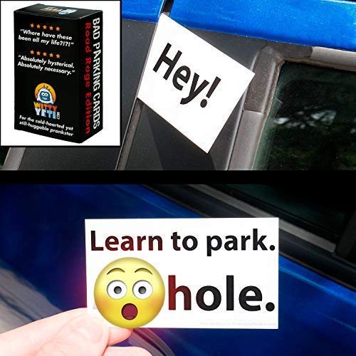 Alternative product image: Hand placing a 'Learn to park. 😮 hole.' bad parking card on a blue car window, with the card box visible.