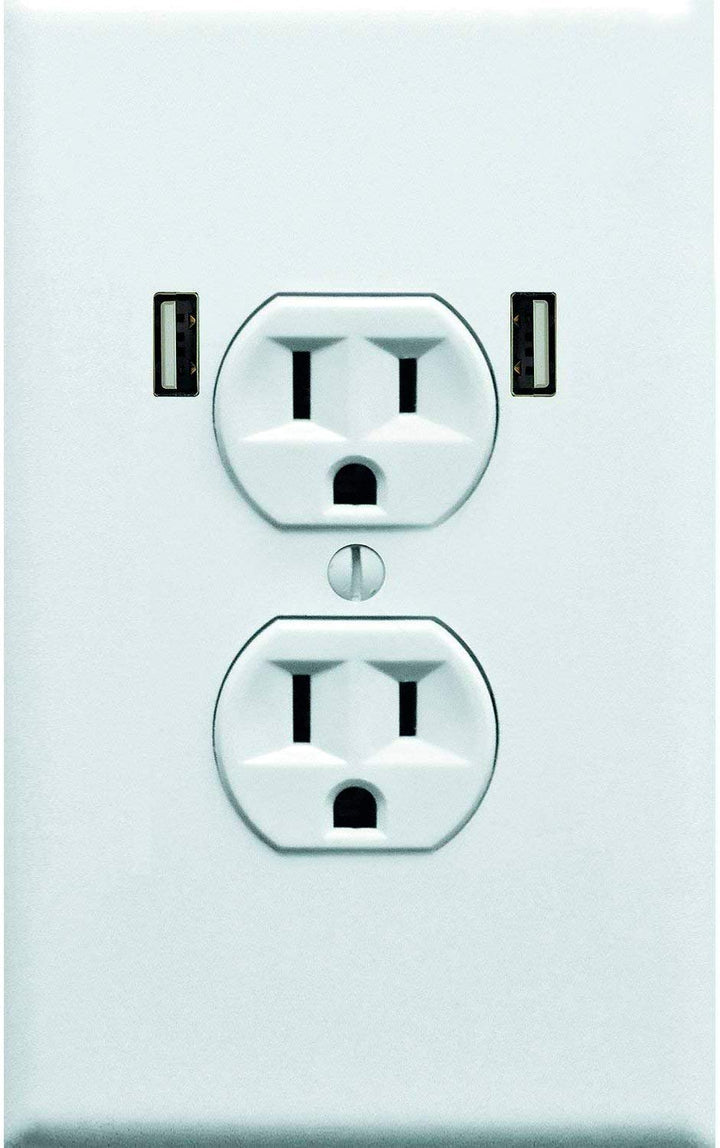 Main Product Image: White Wall Outlet with USB Ports. Close-up of a standard duplex receptacle with integrated USB slots.